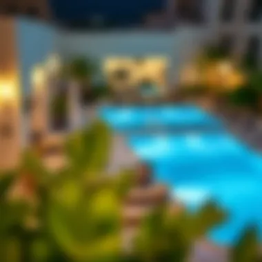 Amenities offered by a budget hotel in Deira, including a pool and dining area.