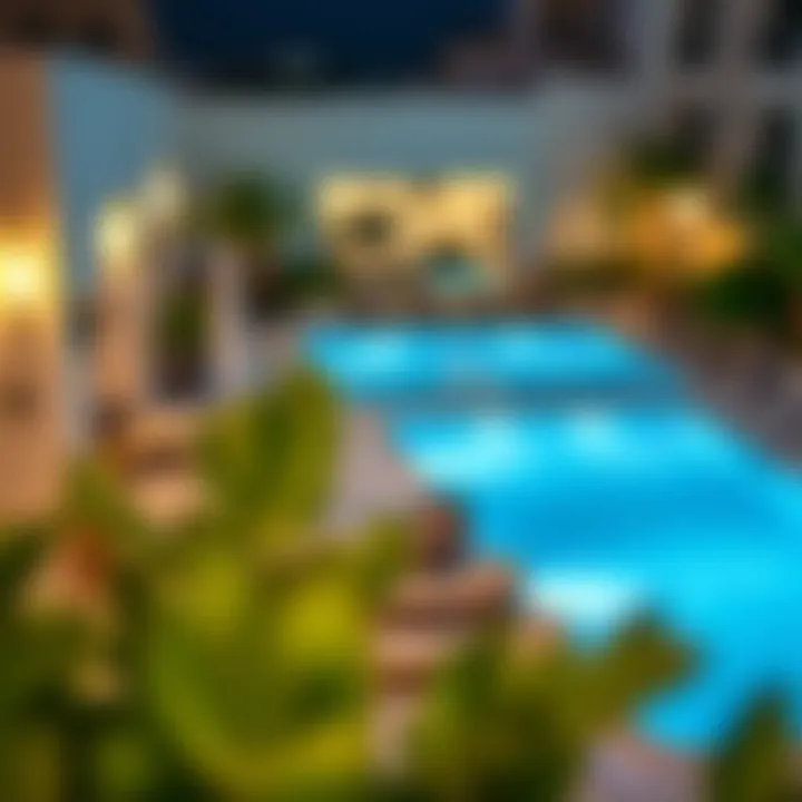 Amenities offered by a budget hotel in Deira, including a pool and dining area.