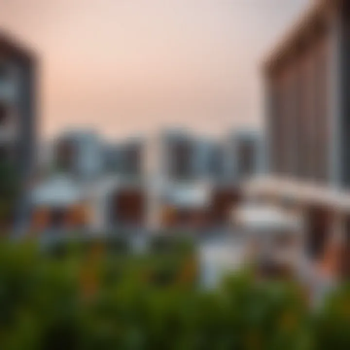 A panoramic view of Aroos Muhaisnah 4 showcasing modern architecture and vibrant community life.