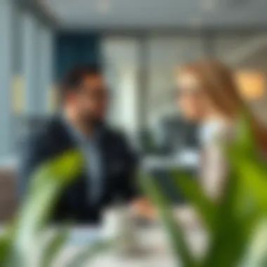 A close-up of a real estate agent engaging with clients in a modern office setting