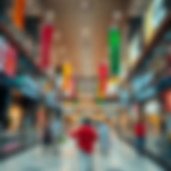 Vibrant shopping area bustling with activity inside the mall