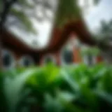A stunning view of the Binsina Pavilion's unique architectural design amidst lush greenery.