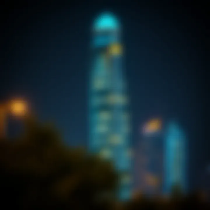 Nighttime illumination of Al Hassani Tower highlighting its design