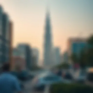 Wide-angle shot of Al Hassani Tower amidst Dubai's urban landscape