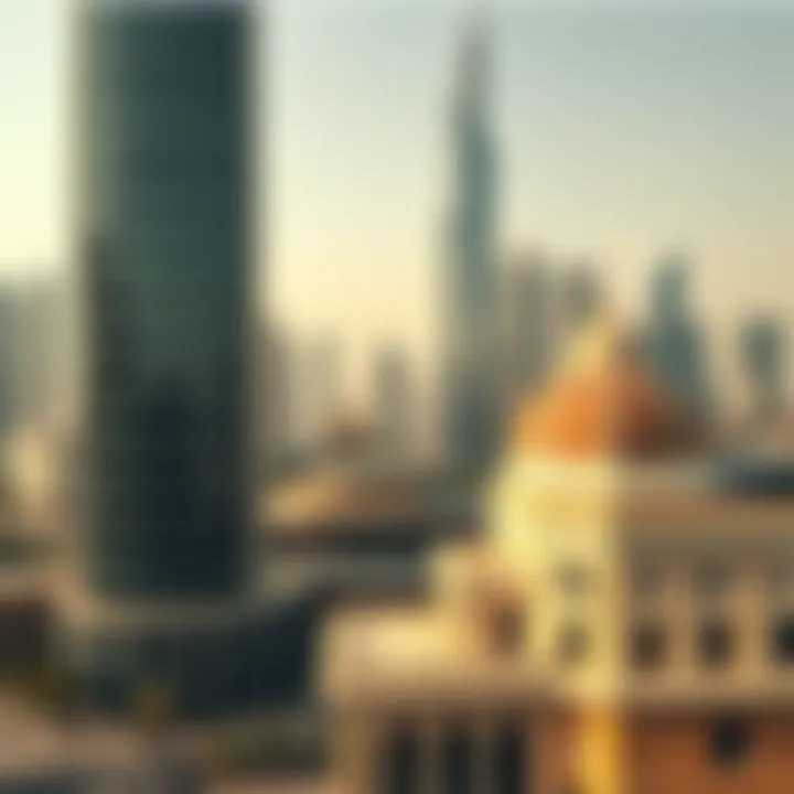 A skyline view of modern skyscrapers juxtaposed with traditional architecture