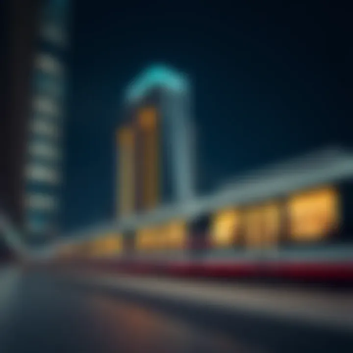 Modern architecture of a Dubai Metro station at night