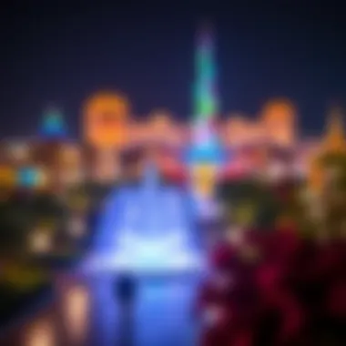 Illuminated Night View of Dubai Parks Night view of Dubai Parks and Resorts illuminated with colorful lights, highlighting its allure.