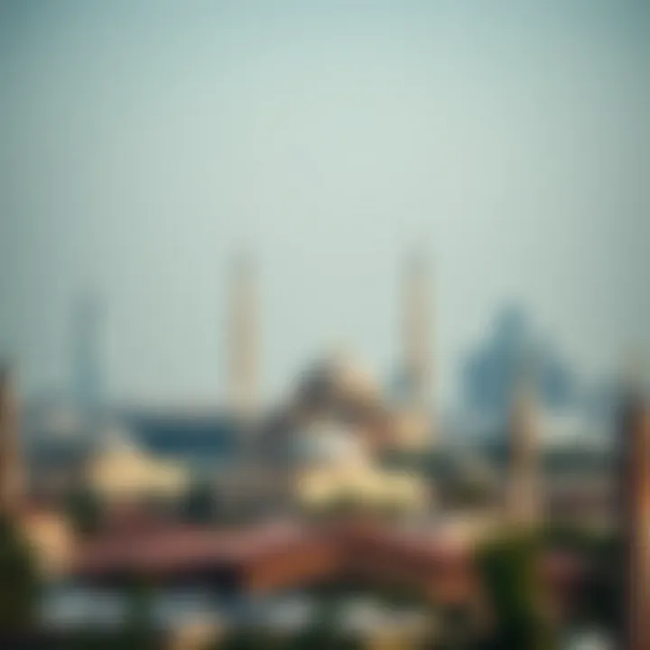 Dubai Skyline Featuring Iconic Mosques Panoramic view of Dubai skyline with mosques in view