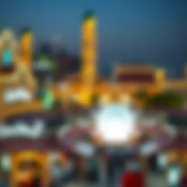 Evening Vibe at Global Village An overview of the Global Village during the evening, illuminated and bustling with activity