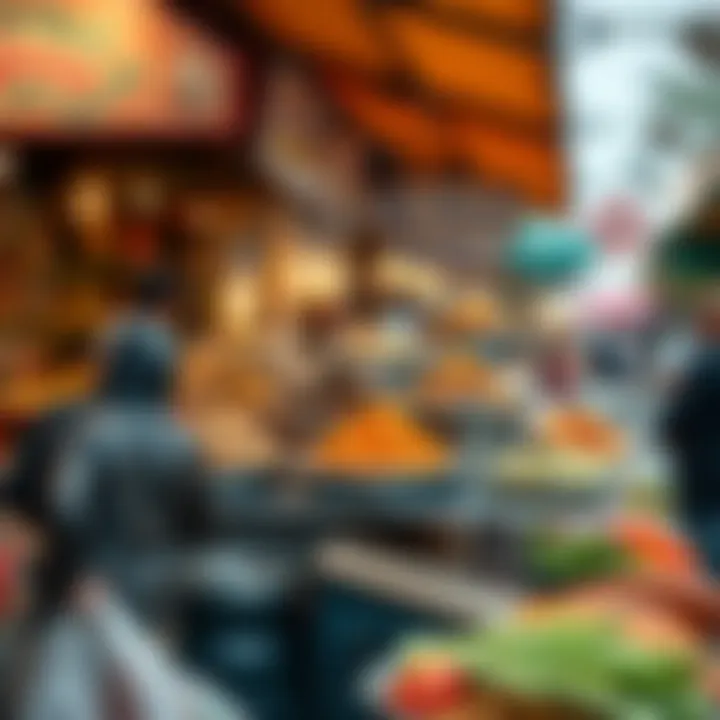 Culinary Richness of Global Village A vibrant market scene displaying various international cuisines