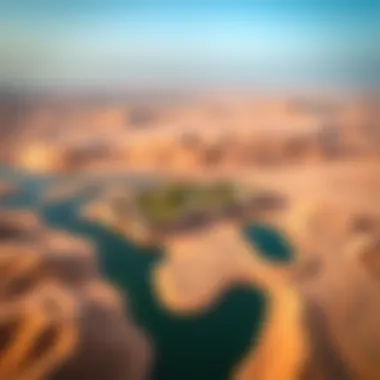 Aerial shot of Al Qudra Oasis highlighting its vast landscape and desert surroundings