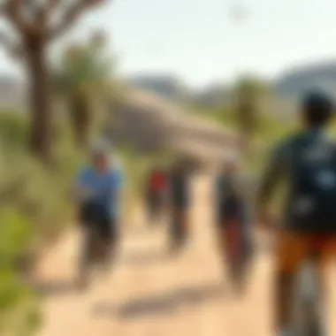 Visitors engaging in recreational activities like cycling and wildlife observation at Al Qudra Oasis