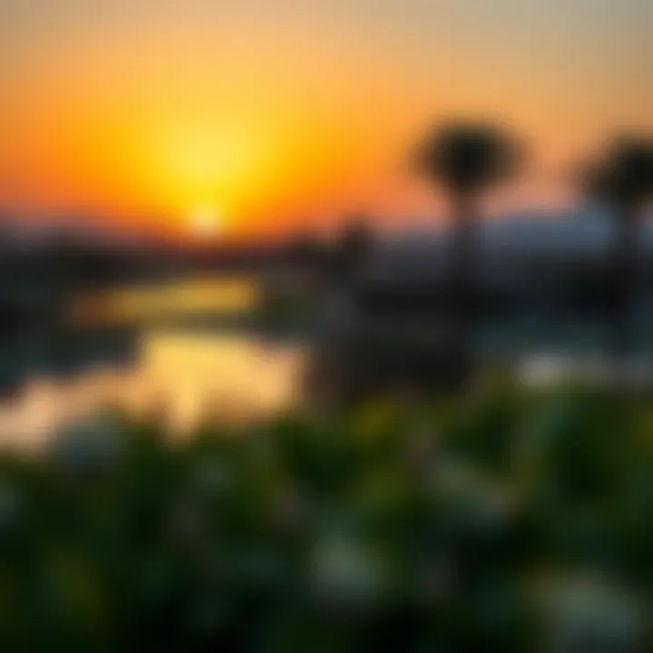 Breathtaking view of Al Qudra Oasis at sunset showcasing tranquil waters and lush greenery
