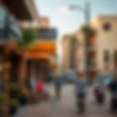 Vibrant street scene in Al Barsha South 3 highlighting cafes and shops