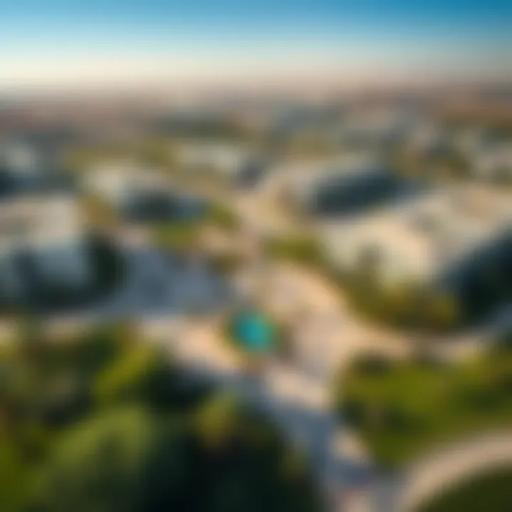 Aerial Perspective of Nad Al Sheba Gardens Aerial view of Nad Al Sheba Gardens showcasing lush greenery and modern architecture