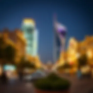 An evening scene in Nasir Square with illuminated buildings representing Dubai's modernity.