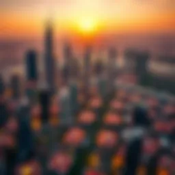Aerial view of Dubai skyline at sunset highlighting impressive skyscrapers