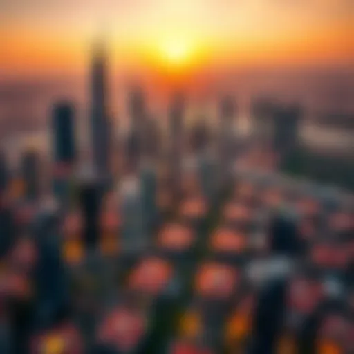 Aerial view of Dubai skyline at sunset highlighting impressive skyscrapers