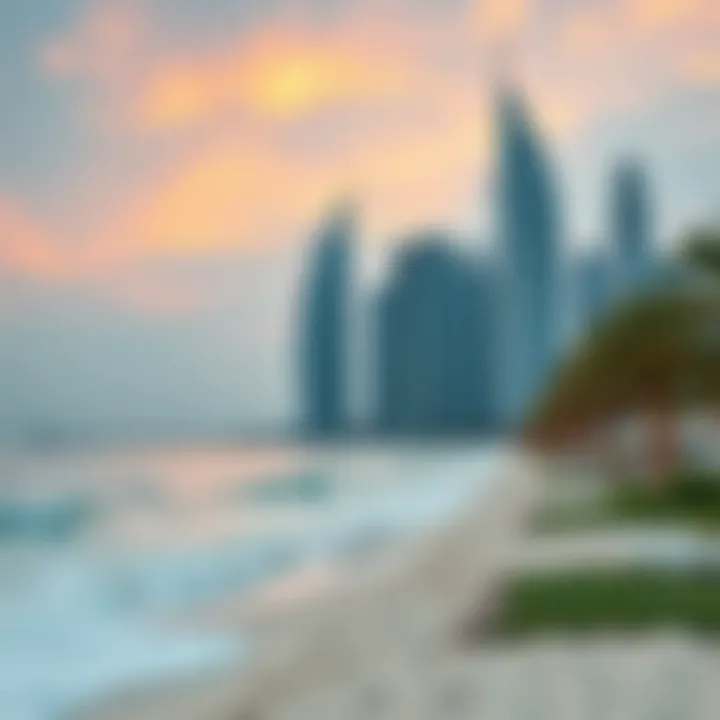Tranquil beach scene showcasing the contrast between sea and skyscrapers