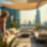 Luxurious outdoor lounge area showcasing Dubai's skyline