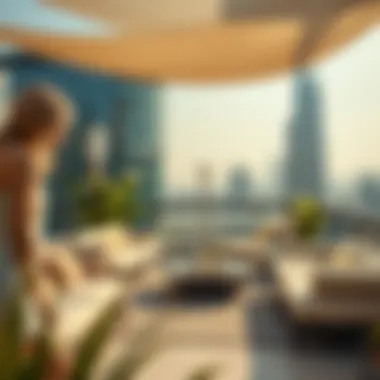Luxurious outdoor lounge area showcasing Dubai's skyline