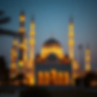 A serene mosque beautifully illuminated at dusk, reflecting the spiritual ambiance of Ramadan.