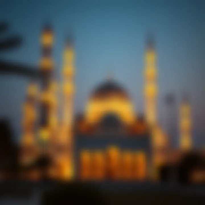 A serene mosque beautifully illuminated at dusk, reflecting the spiritual ambiance of Ramadan.