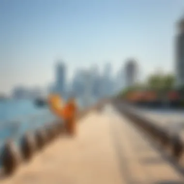 A vibrant waterfront promenade with stunning skyline views