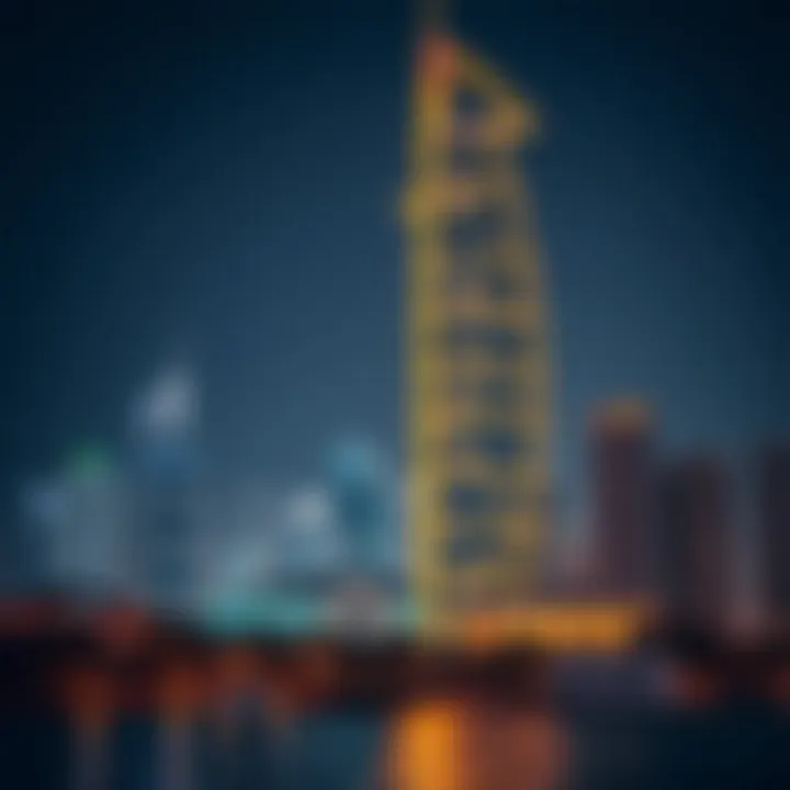 Night view of Stella Maris Tower illuminated against the Dubai skyline