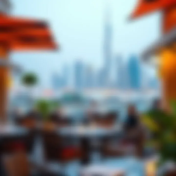 Vibrant setting of an outdoor dining area with city skyline