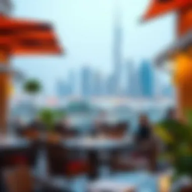 Alfresco Dining with a View of Dubai's Skyline Vibrant setting of an outdoor dining area with city skyline