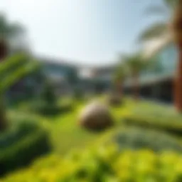 A panoramic view of Dubai Mall Park showcasing lush greenery