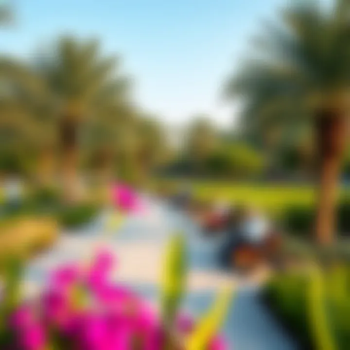 Tranquil Relaxation Spaces in Dubai Mall Park Visitors relaxing on benches surrounded by nature in Dubai Mall Park