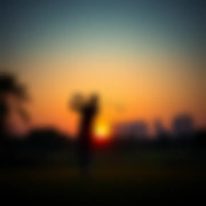 Stunning sunset over a golf course with skyscrapers in the background