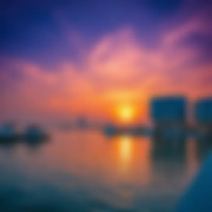 Serene sunset over Yas Island waterfront with reflections on the water