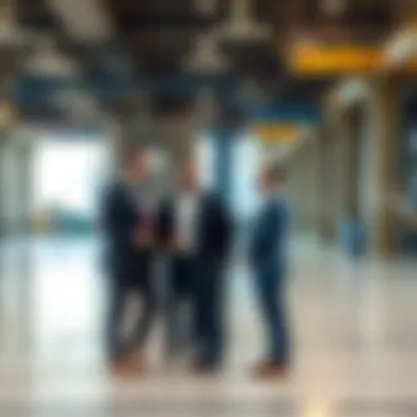 Business professionals discussing investment opportunities in an industrial park.