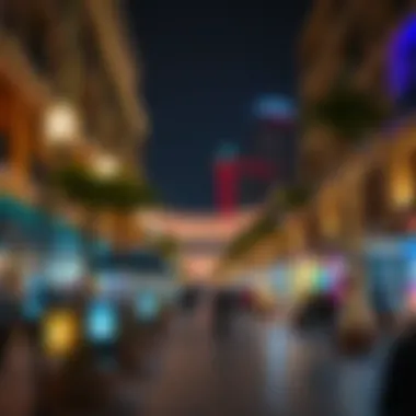 Nighttime view of Jumeirah Beach Residence Walk illuminated with festive lights and lively ambiance