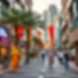 A panoramic view of Jumeirah Beach Residence Walk showcasing vibrant storefronts and beachside activities