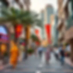 A panoramic view of Jumeirah Beach Residence Walk showcasing vibrant storefronts and beachside activities