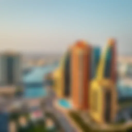 A panoramic view showcasing the vibrant architecture of International City