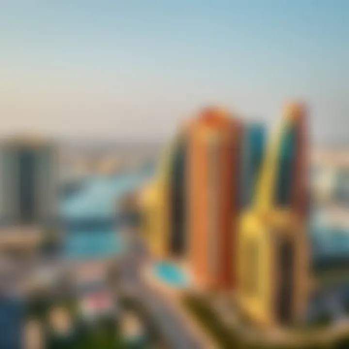 A panoramic view showcasing the vibrant architecture of International City