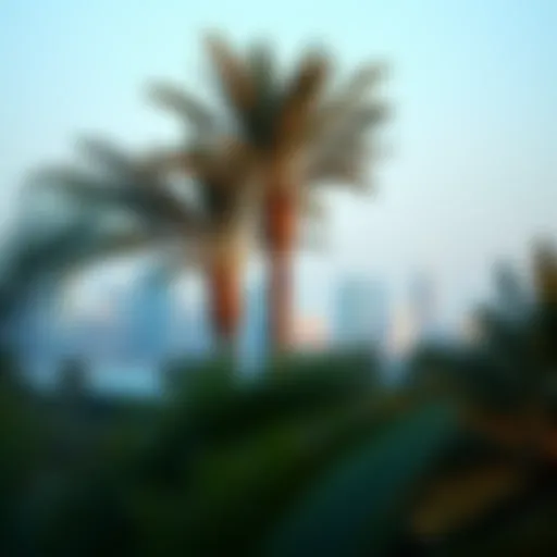 Lush Nakhla palm against a vibrant Dubai skyline.