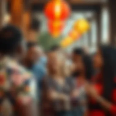 Vibrant social gathering with diverse individuals enjoying a cultural event