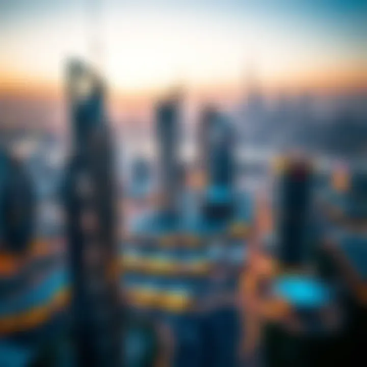 Panoramic view of Dubai skyline with Salam Tower in the foreground