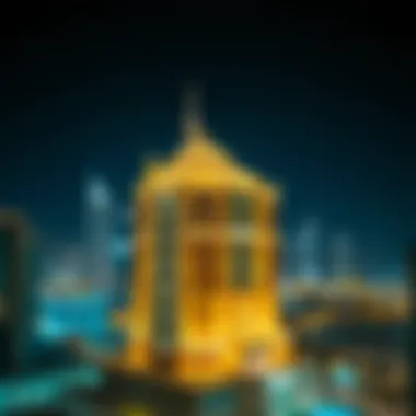 Night view of the Sheikha Maryam Building illuminated against the Dubai skyline