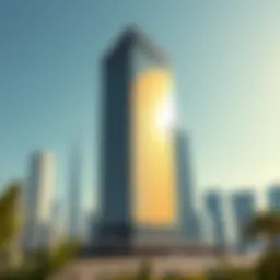 Stunning exterior view of Tamani Arts Offices Tower against the Dubai skyline