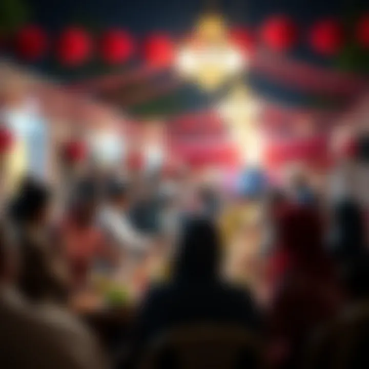 A vibrant community gathering for Iftar meal under festive decorations