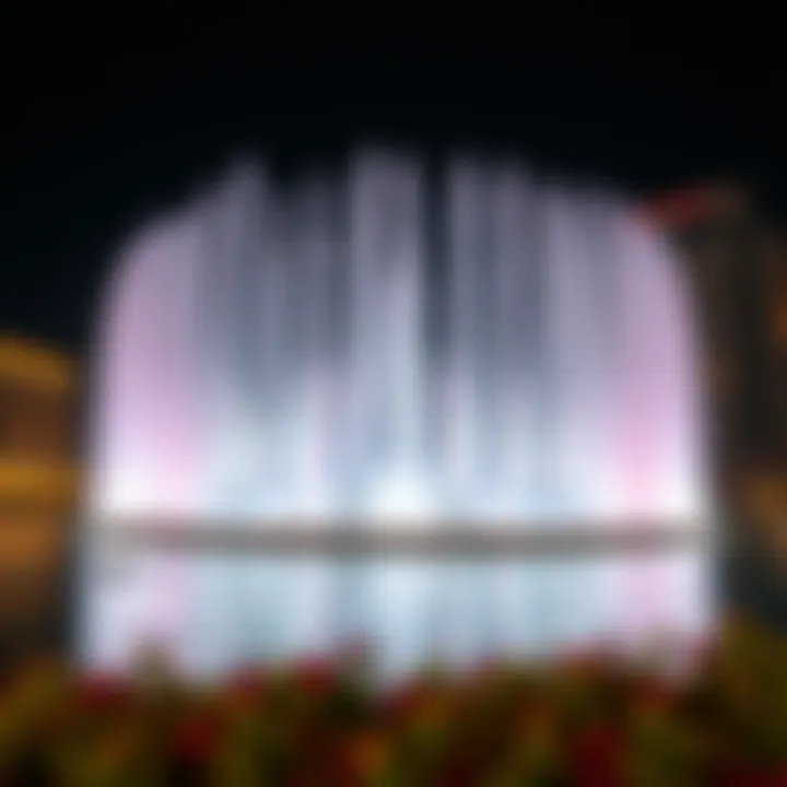 The stunning Dubai Fountain illuminated at night